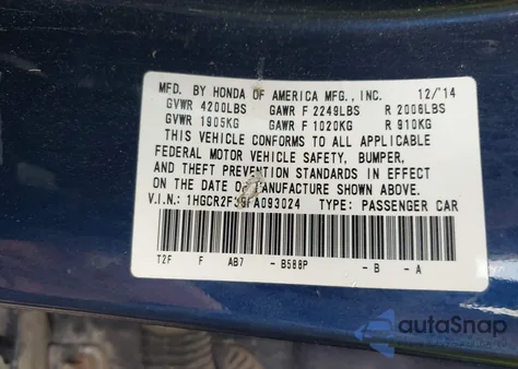 2015 Honda Accord Lx из США, поврежденный, VIN 1HGCR2F39FA093024